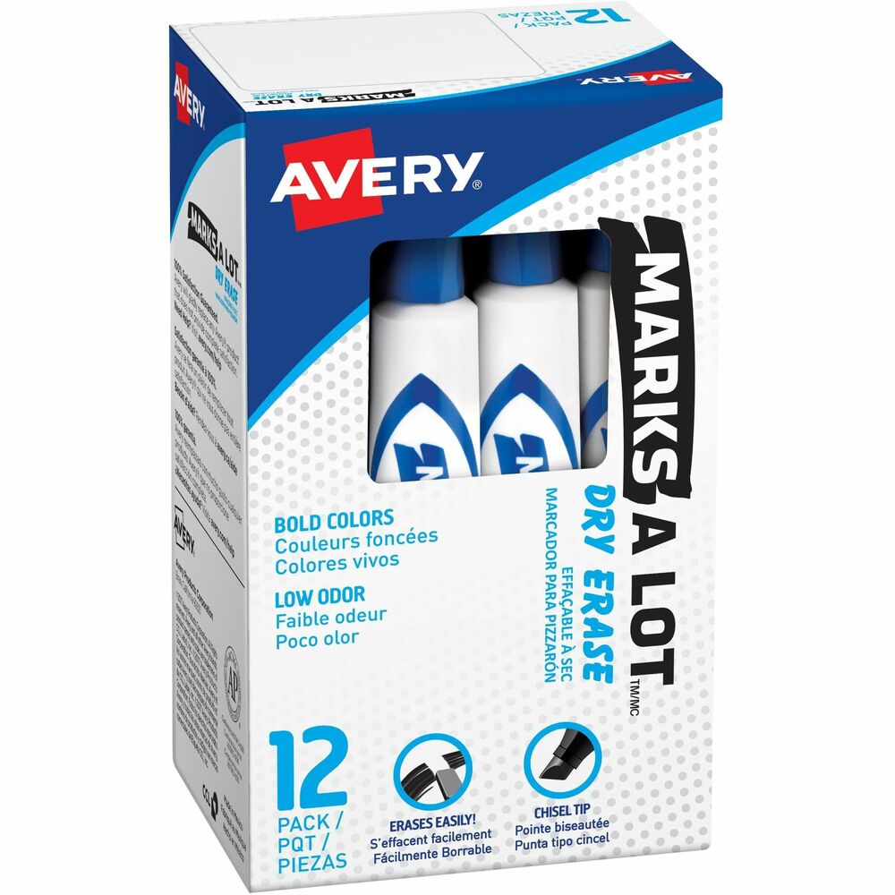 Avery® Marks A Lot Dry Erase Marker, 12 Blue Markers (24406) - 5 mm Chisel Marker Point - Erasable - Washable - Blue Ink - Dry - White Barrel - Home, Classroom, Office, School, Document, Writing - 1 Dozen