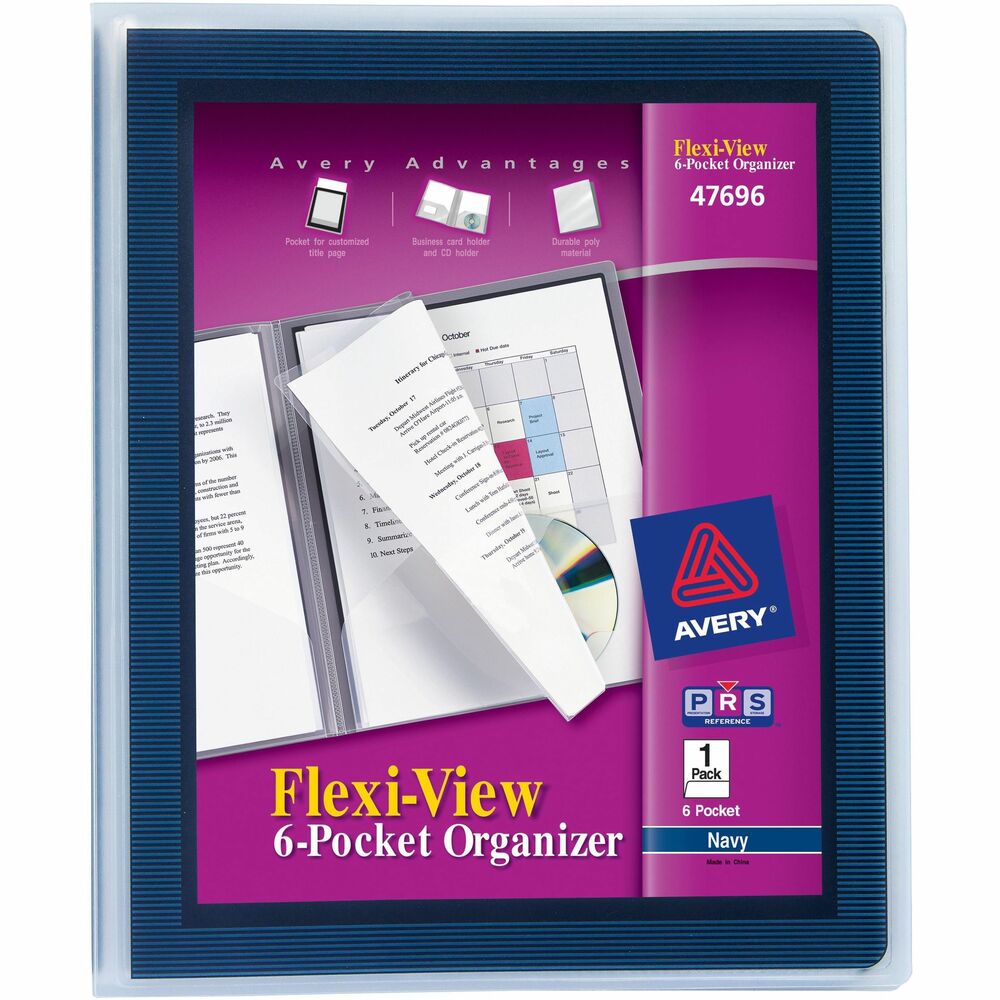 AVE47696 - Flexi-View Six-Pocket Organizer features a patented design that professionally frames your customized title page. Insert a personalized title page into the special cover pocket. Stylish border frames the page with eye-catching color. A CD holder lets you safely and conveniently store a CD for handy reference. Six translucent, interior pockets provide ample space for documents and reference materials. Organizer holds up to 150 letter-size sheets. Thick, durable, nonstick polypropylene will not lift print off your presentation materials. More from the Manufacturer