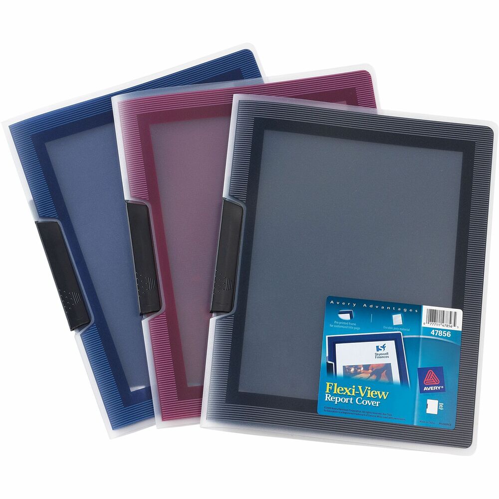 AVE47856 - Organize your documents using these Flexi-View Report Covers with swing clip. Plastic report cover features a clear window and a preprinted color frame designed to display your customizable front page. Whether your documents are for school, home or work, use the predesigned, online binder templates and designs to create your own customized report cover page. For organizing convenience, the swing clip located on the spine of the cover can hold up to 25 sheets of 8-1/2" x 11" paper - no hole-punching needed. With the poly material designed to not lift or transfer any print, keep the report cover looking clean and presentable. Report holder is durable enough to keep your documents well-protected yet lightweight and flexible enough for easy portability. Cover is available in burgundy, navy blue or black. The color will vary. More from the Manufacturer