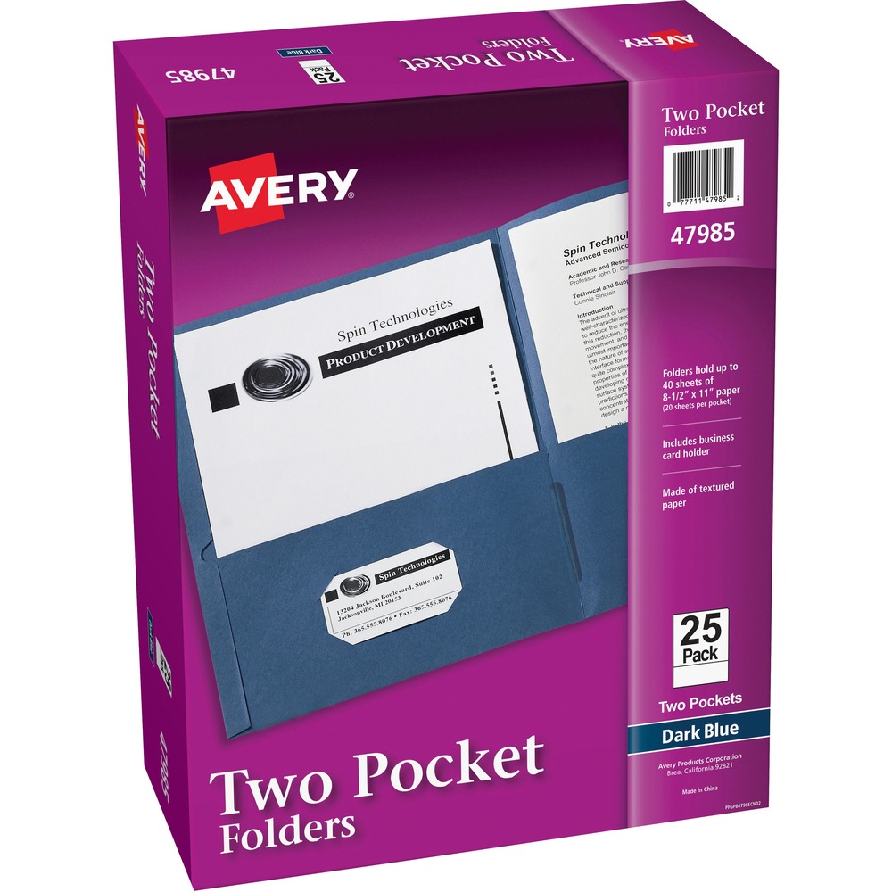 AVE47985 - For organizing your loose papers, these two-pocket folders provide a classic solution. Made of standard embossed paper, the folders are lightweight and flexible. Two interior pockets provide room for papers, brochures and booklets. A die-cut business card holder on the inside left pocket lets you personalize the look of the folder. Rich color helps you locate it easily and makes for an eye-catching presentation to clients, colleagues and more. More from the Manufacturer