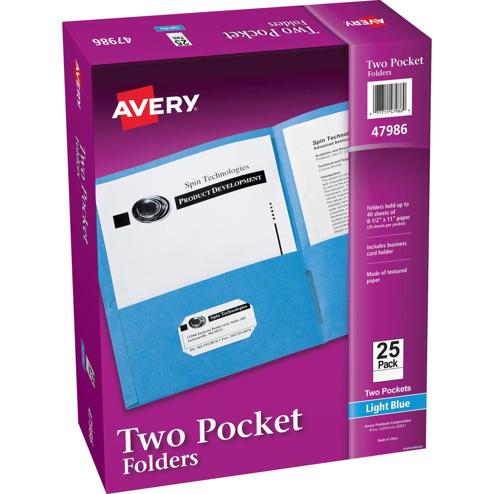 AVE47986 - For organizing your loose papers, these two-pocket folders provide a classic solution. Made of standard embossed paper, the folders are lightweight and flexible. Two interior pockets provide room for papers, brochures and booklets. A die-cut business card holder on the inside left pocket lets you personalize the look of the folder. Rich color helps you locate it easily and makes for an eye-catching presentation to clients, colleagues and more. More from the Manufacturer