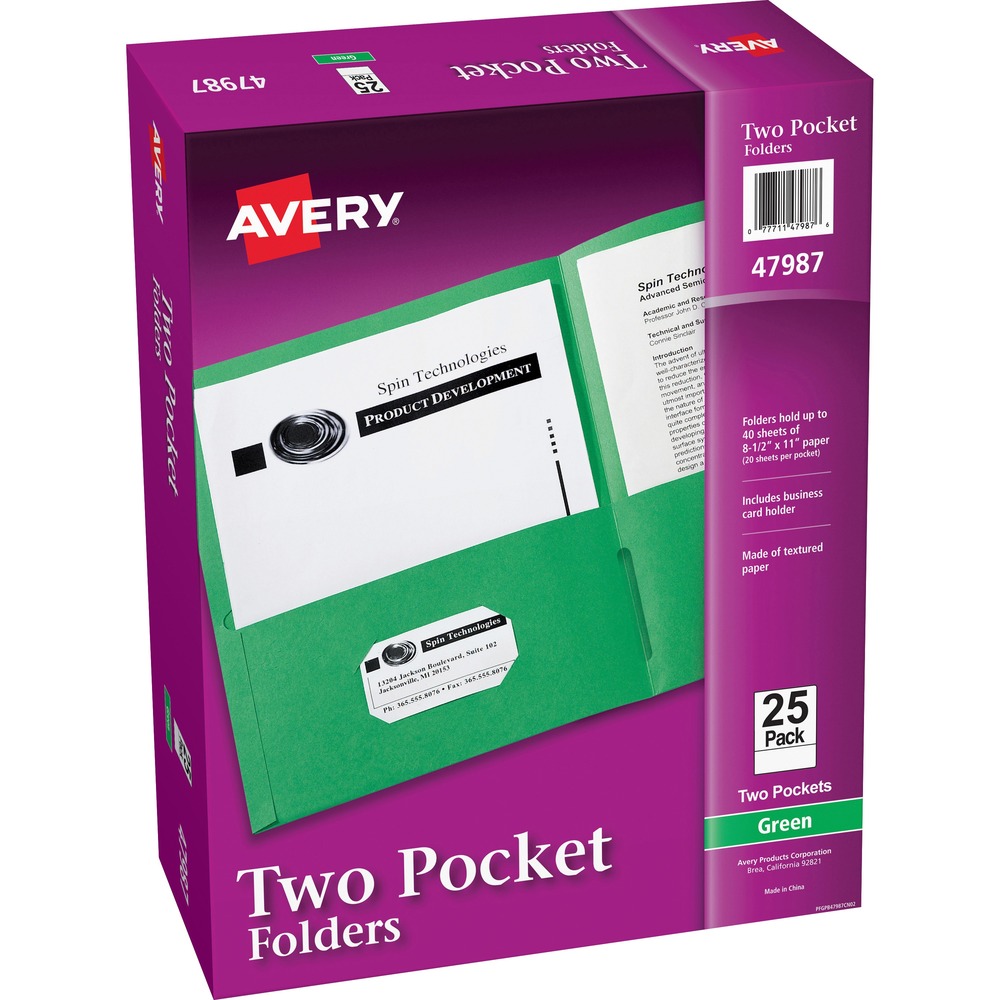 AVE47987 - For organizing your loose papers, these two-pocket folders provide a classic solution. Made of standard embossed paper, the folders are lightweight and flexible. Two interior pockets provide room for papers, brochures and booklets. A die-cut business card holder on the inside left pocket lets you personalize the look of the folder. Rich color helps you locate it easily and makes for an eye-catching presentation to clients, colleagues and more. More from the Manufacturer