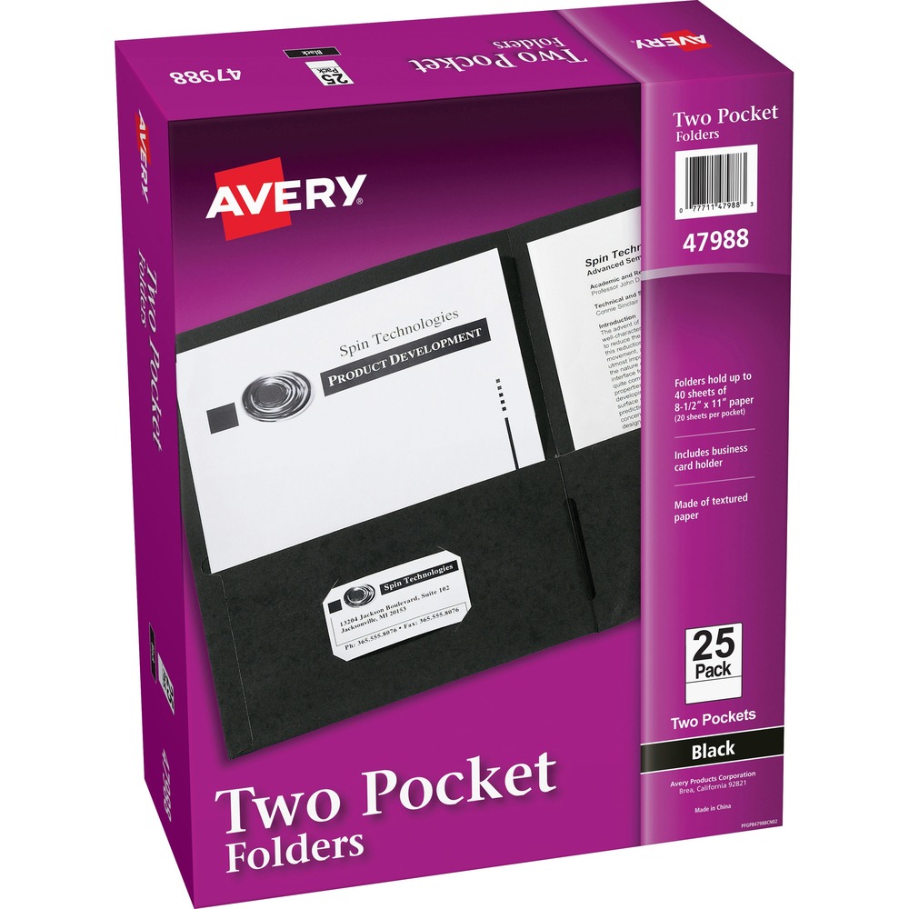 AVE47988 - For organizing your loose papers, these two-pocket folders provide a classic solution. Made of standard embossed paper, the folders are lightweight and flexible. Two interior pockets provide room for papers, brochures and booklets. A die-cut business card holder on the inside left pocket lets you personalize the look of the folder. Rich color helps you locate it easily and makes for an eye-catching presentation to clients, colleagues and more. More from the Manufacturer