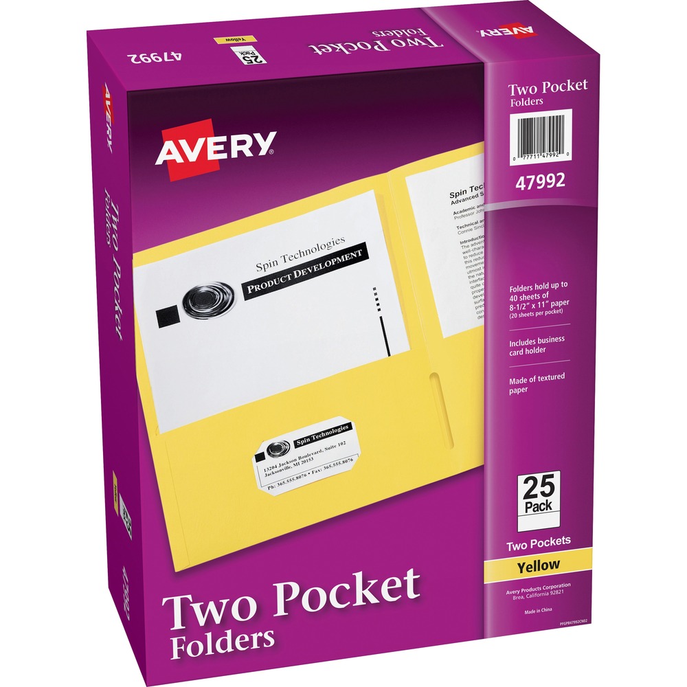 AVE47992 - For organizing your loose papers, these two-pocket folders provide a classic solution. Made of standard embossed paper, the folders are lightweight and flexible. Two interior pockets provide room for papers, brochures and booklets. A die-cut business card holder on the inside left pocket lets you personalize the look of the folder. Rich color helps you locate it easily and makes for an eye-catching presentation to clients, colleagues and more. More from the Manufacturer