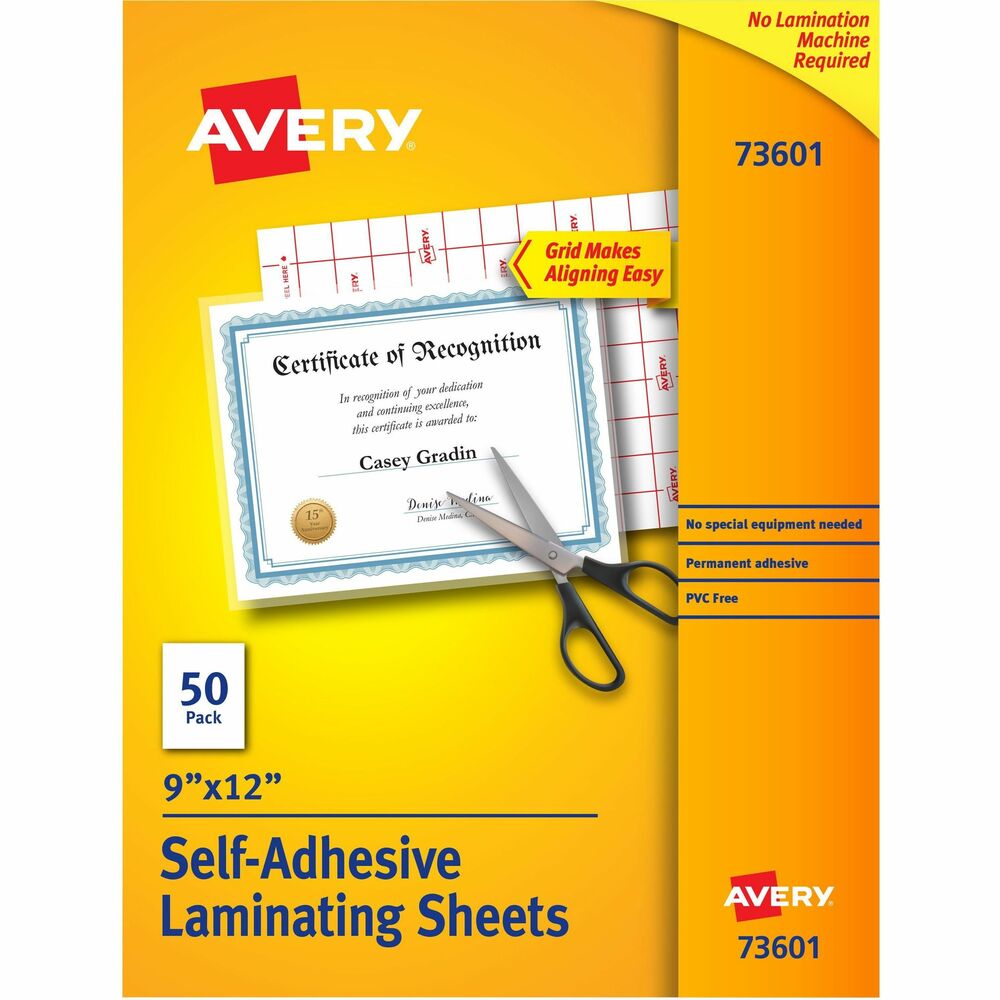 AVE73601 - Use self-adhesive, laminating sheets for quick laminating. No special equipment is needed to seal important documents for convenient long-term protection. Self-adhesive laminating is also less expensive than thermal lamination. Simply use the included grid to size the document, place the document on the adhesive side of one sheet, lay the second sheet adhesive-side down to seal the other side of the document and trim the edges for a laminated document that looks professional.
