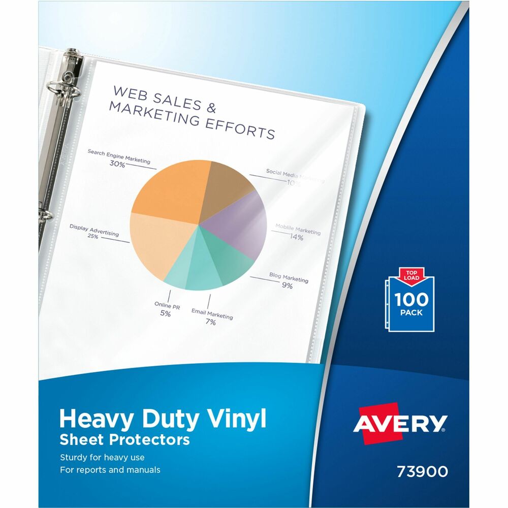 AVE73900 - Top-loading sheet protectors provide durable, crystal clear protection. Made of heavyweight vinyl. Sturdy vinyl provides durable protection against damage from frequent handling, so you can refer to documents again and again without worry. Precut holes allow convenient insertion into a binder for storage and reference. Paper easily slides in from top with no need to punch inserts.