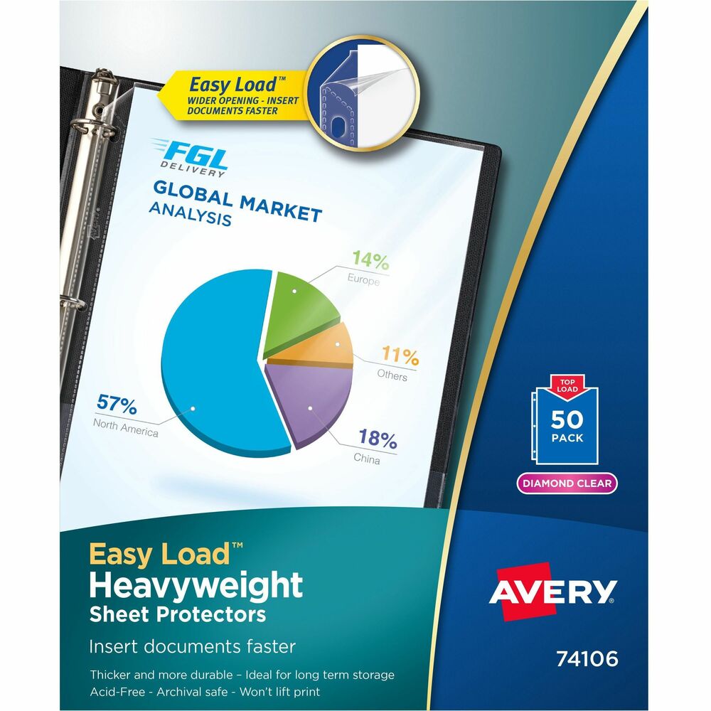 AVE74106 - Heavyweight sheet protectors offer the solution to keeping your important papers protected. Designed both to protect your papers and show them off impressively, Diamond-clear material delivers a crisp view of your pages as well as durable protection. Heavy material is designed for both premium feel and durability to deliver protection that lasts. Acid-free, archival-safe polypropylene ensures your pages stay in top condition and that print remains on your papers, rather than transferring to the sheet protector. The protectors' clear binding edge rounds out the professional look of your presentations and other documents. Easy Load feature provides a wider top opening so papers slide easily into place. Each three-hole punched page holds one sheet of paper and protects letter-size papers.