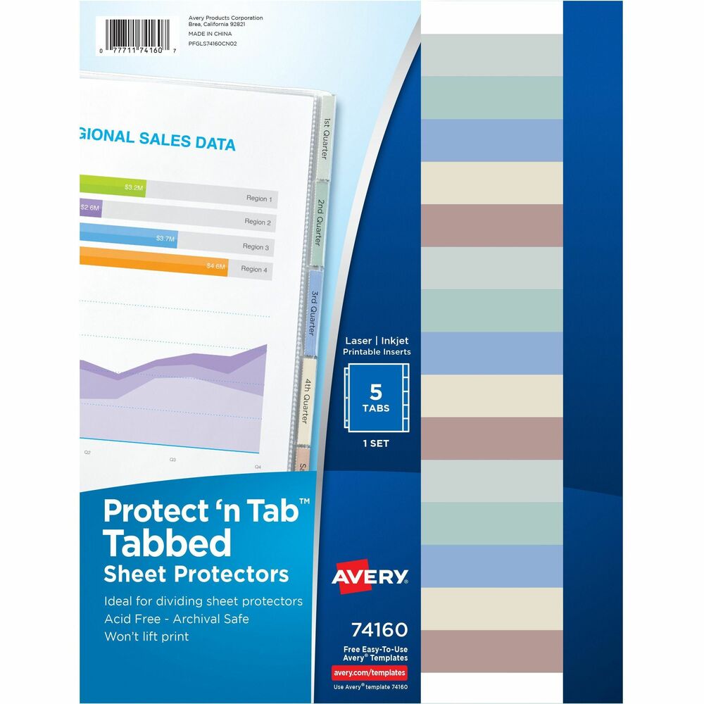 AVE74160 - Top-loading sheet protectors include tabs. Insert title page into index for a customized professional look. Specially formulated nonstick polypropylene material is acid-free and archival-safe and won't lift print off inserts. Tab inserts are laser/inkjet printer-compatible. Avery offers many easy-to-use templates for Microsoft Word and other popular software programs. Each top-loading page holds a letter-size sheet.