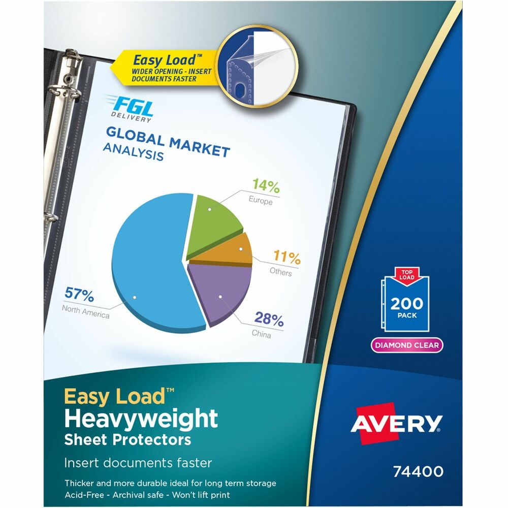 AVE74400 - Heavyweight sheet protectors offer the solution to keeping your important papers protected. Designed both to protect your papers and show them off impressively, Diamond-clear material delivers a crisp view of your pages as well as durable protection. Heavy material is designed for both premium feel and durability to deliver protection that lasts. Acid-free, archival-safe polypropylene ensures your pages stay in top condition and that print remains on your papers, rather than transferring to the sheet protector. The protectors' clear binding edge rounds out the professional look of your presentations and other documents. Easy Load feature provides a wider top opening so papers slide easily into place. Each three-hole punched page holds one sheet of paper and protects letter-size papers.