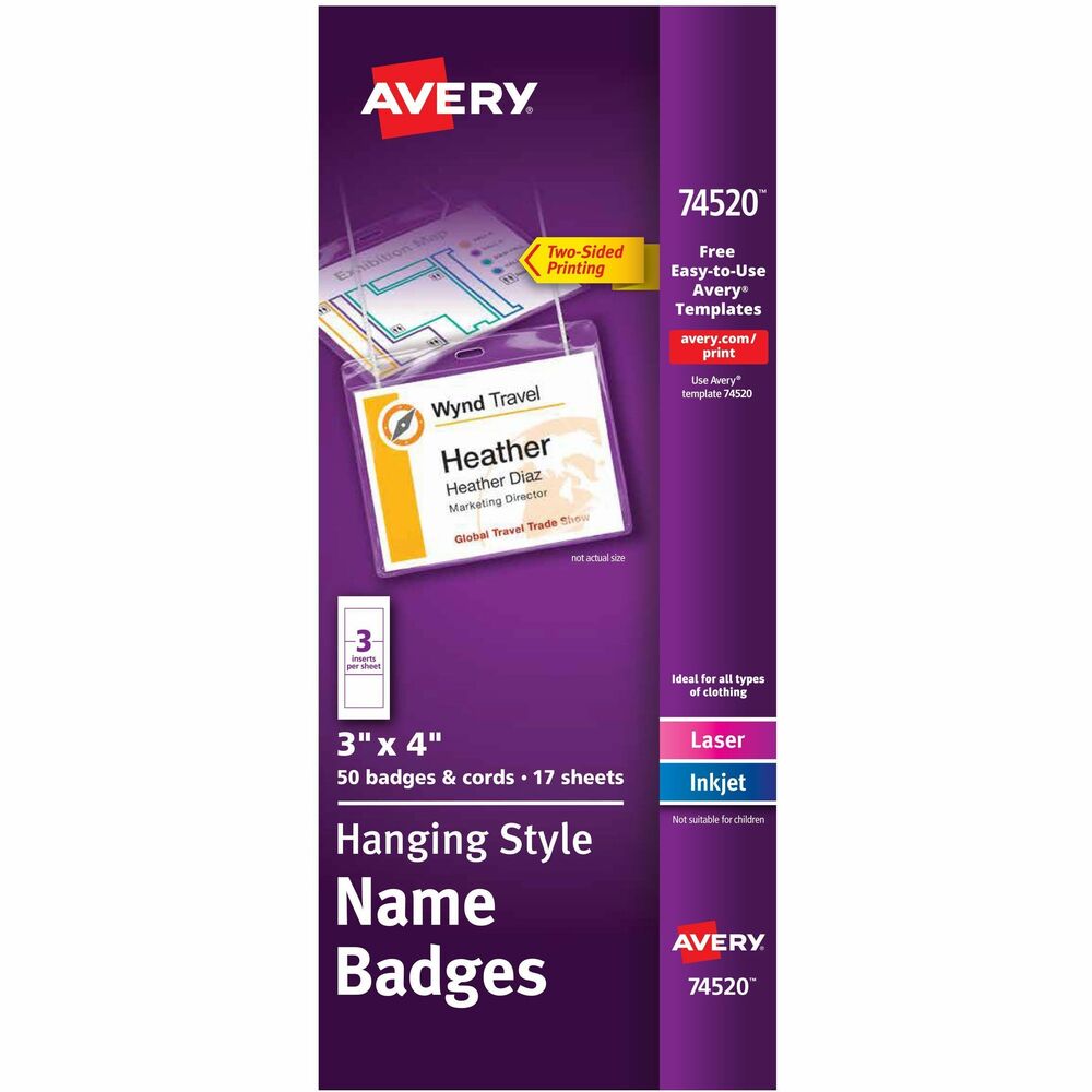 AVE74520 - Quickly and easily create professional, hanging name tags from the convenience of your home or workplace. These blank name tags with cords are perfect for temporary identification at professional and social gatherings like trade shows, reunions and more. Importing names, job titles and company logos is fast and easy with the free, online design software. Avery Design and Print includes hundreds of free designs and templates to help you easily create professional-quality name badges. Letter-size insert sheets are printable on both sides and optimized for both laser and inkjet printers to result in crisp, smudge-free printing. Durable, clear plastic, ID badge holders are reusable and display names clearly. Pocket-style design makes loading inserts quick and easy. Each 3" x 4" name tag holder (50) features a hanging neck cord (50) to keep name ID tags (50) in place without damaging clothing or flipping over for use at multi-day events like conventions, conferences, festivals and more. More from the Manufacturer
