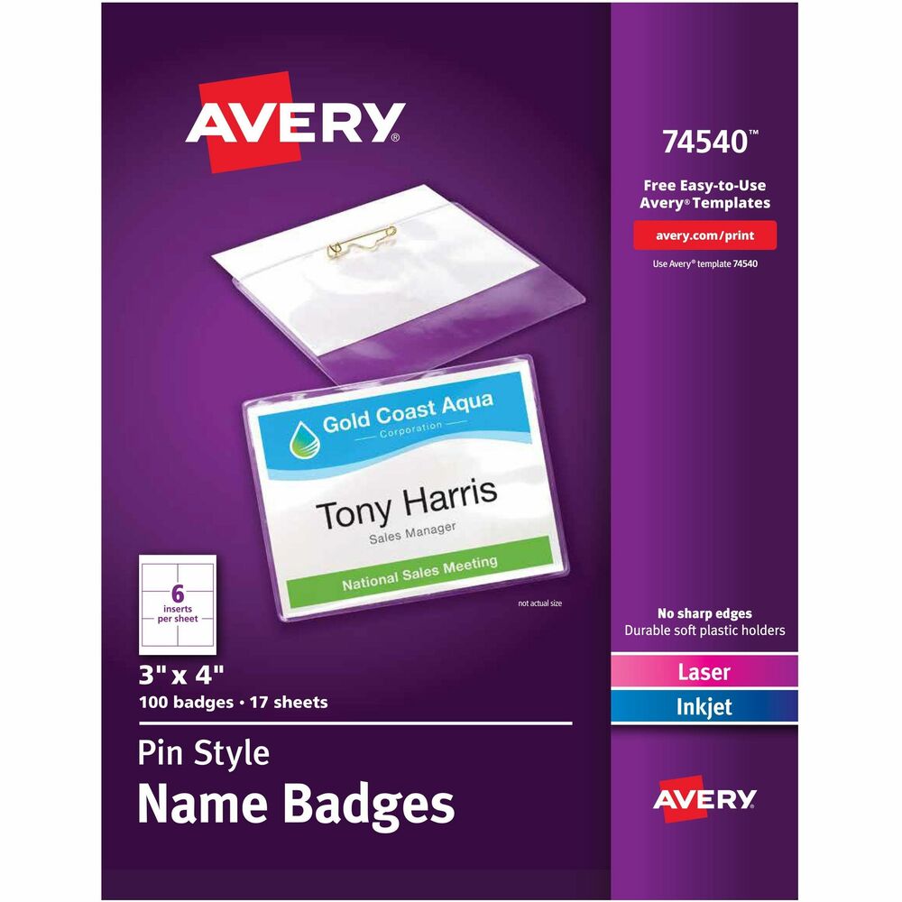 AVE74540 - Make professional-looking name badges using inkjet or laser printers with these Pin-Style Name Badges. The rigid aspect of these badge holders make them ideal for meetings, seminars, conventions and other events. The 8-1/2" x 11" microperforated insert sheets tear cleanly. Badge holders are top-loading.