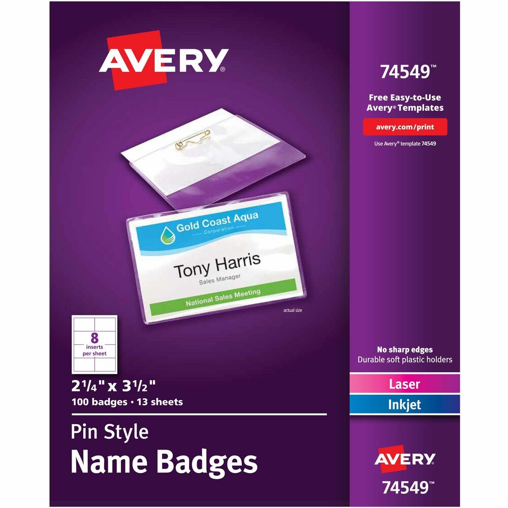 AVE74549 - Make professional-looking name badges using inkjet or laser printers with these Pin-Style Name Badges. The rigid aspect of these badge holders make them ideal for meetings, seminars, conventions and other events. The 8-1/2" x 11" microperforated insert sheets tear cleanly. Badge holders are top-loading.