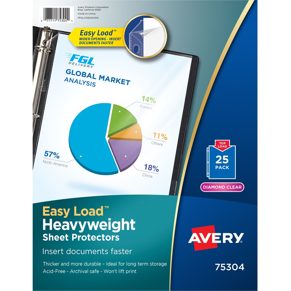 AVE75304 - Heavyweight sheet protectors offer the solution to keeping your important papers protected. Designed both to protect your papers and show them off impressively, Diamond-clear material delivers a crisp view of your pages as well as durable protection. Heavy material is designed for both premium feel and durability to deliver protection that lasts. Acid-free, archival-safe polypropylene ensures your pages stay in top condition and that print remains on your papers, rather than transferring to the sheet protector. The protectors' clear binding edge rounds out the professional look of your presentations and other documents. Easy Load feature provides a wider top opening so papers slide easily into place. Each three-hole punched page holds one sheet of paper and protects letter-size papers. More from the Manufacturer