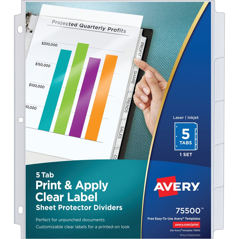 AVE75500 - Divider and sheet protector in one is perfect to use when your documents need to be placed in sheet protectors. Tabs stay visible when used with top load sheet protectors. The clear tab labels virtually disappear when applied to the View Divider tab. Format and print the clear tab labels using your existing software and your laser or inkjet printer. Avery offers many easy-to-use templates for Microsoft Word and other popular software programs. More from the Manufacturer