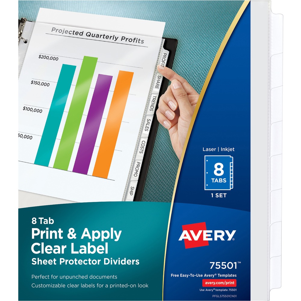 AVE75501 - Divider and sheet protector in one is perfect to use when your documents need to be placed in sheet protectors. Tabs stay visible when used with top load sheet protectors. The clear tab labels virtually disappear when applied to the View Divider tab. Format and print the clear tab labels using your existing software and your laser or inkjet printer. Avery offers many easy-to-use templates for Microsoft Word and other popular software programs. More from the Manufacturer