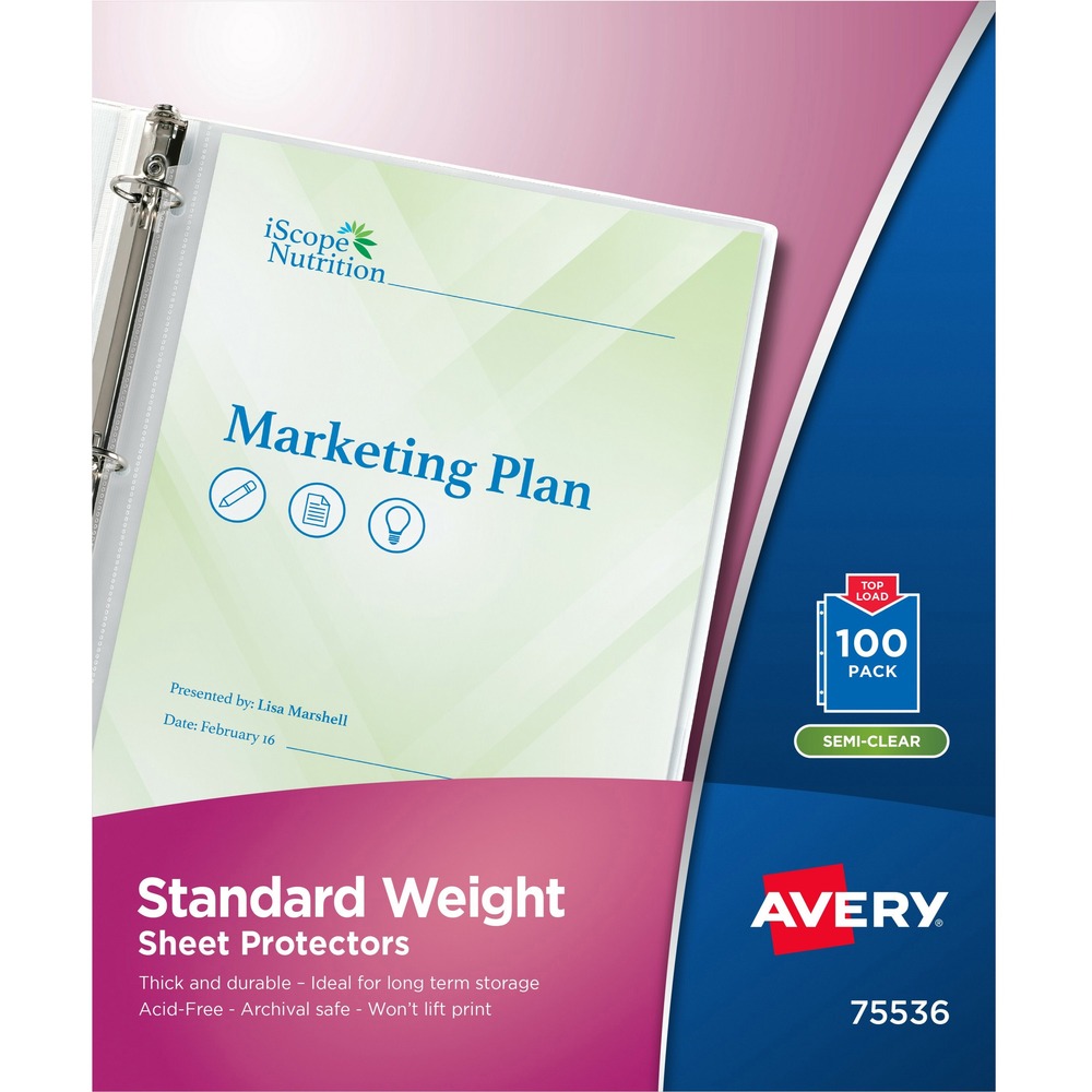 AVE75536 - Standard-weight sheet protectors are three-hole punched for versatile use in binders and other covers. Acid-free polypropylene material is archival-safe and won't lift print. Semi-clear material features an embossed surface finish that reduces glare for a seamless view of your documents. Design is top-loading and has a reinforced binding. Sheet protectors hold letter-size sheets. More from the Manufacturer