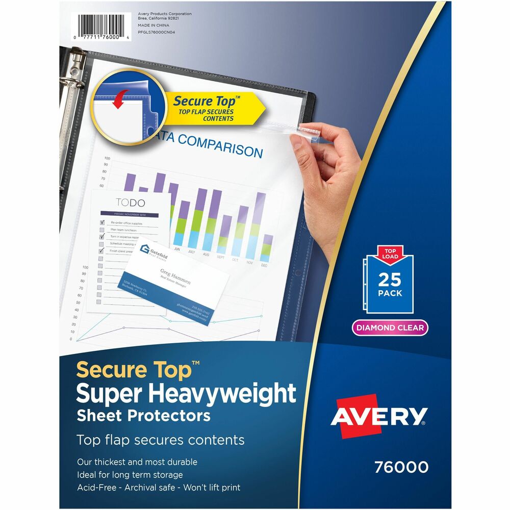 AVE76000 - If you're looking for tip-top protection for your documents, look no further than these Diamond Clear Secure Top Sheet Protectors. Each three-hole punched sheet protector features a convenient top flap that secures the contents so you can store papers in nonstandard sizes with confidence and rest easy knowing your important document won't accidentally slip out of its protective sleeve. Super-heavyweight polypropylene is designed to withstand frequent use in your binder and is acid-free and archival-safe to provide long-term protection. For clarity, security and strength, it's hard to top these sturdy sheet protectors. More from the Manufacturer