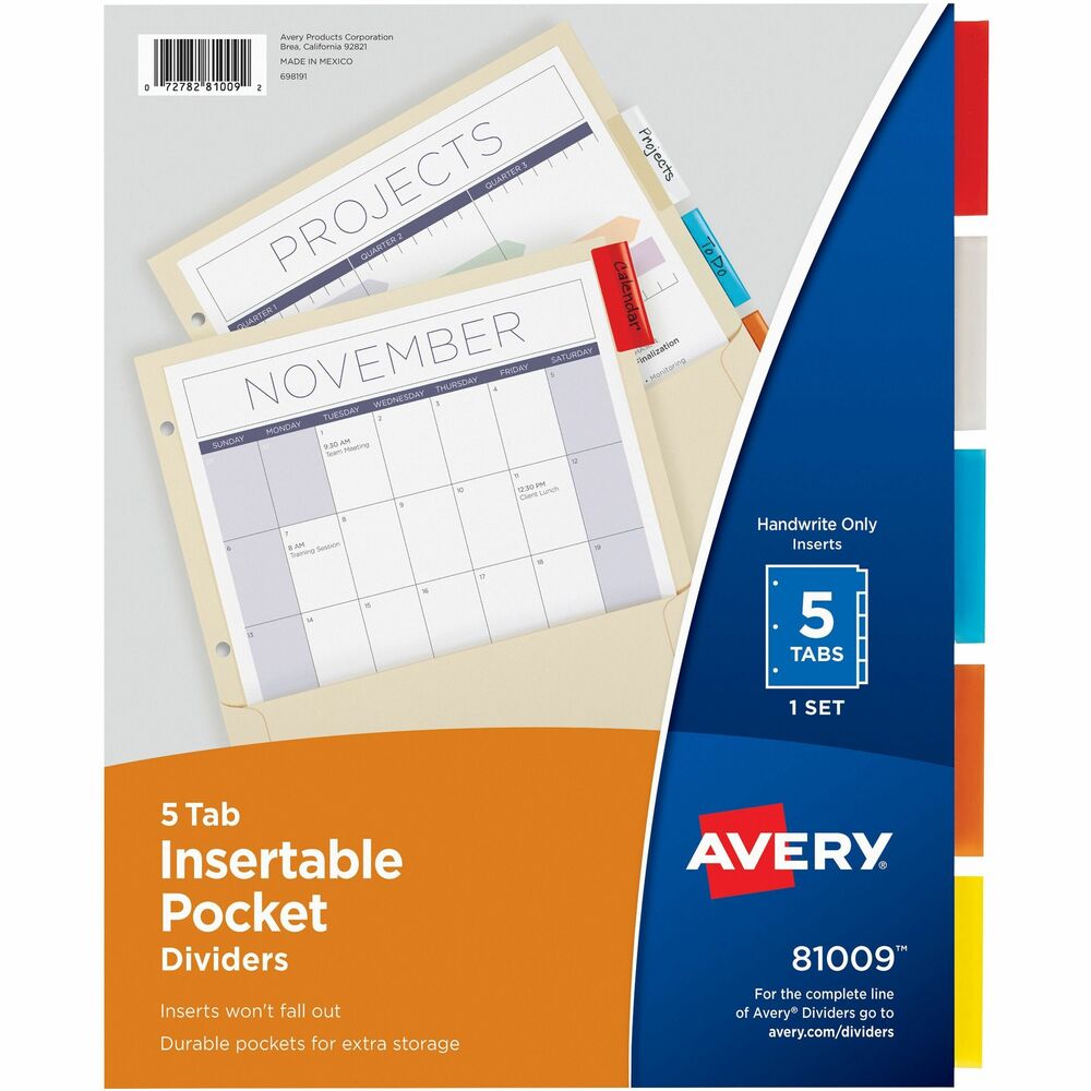 AVE81009 - Insertable five-tab dividers easily store papers, schedules, assignments and more. Use half-pocket on front of dividers for convenient storage of CDs or loose papers up to 8 1/2" x 11" size without punching or folding. Reinforced, insertable tabs on each pocket divider. More from the Manufacturer