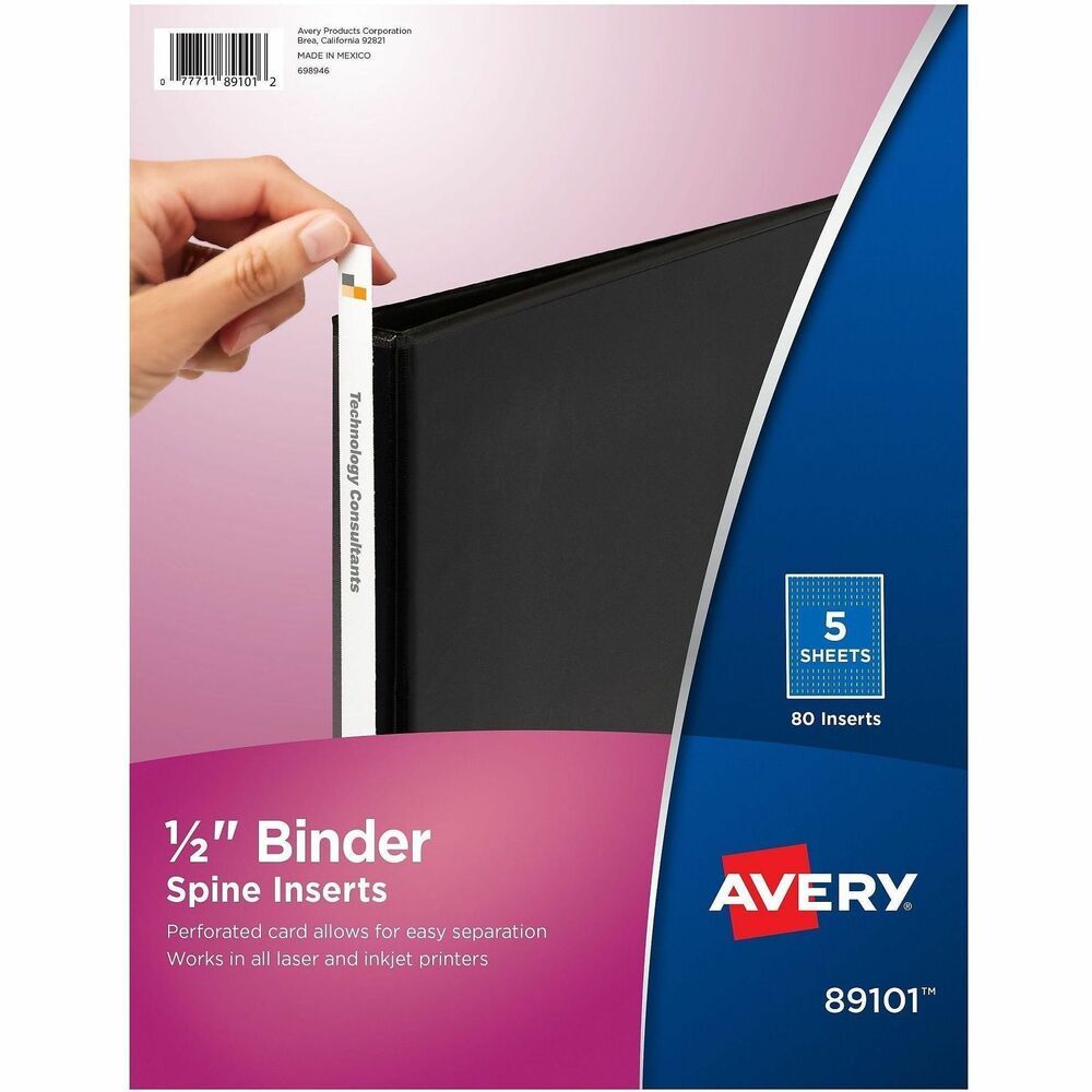 AVE89101 - Show off the spine of a champion with Avery(R) 1/2" Binder Spine Inserts for 3 ring binders with 0.7" spine width. Customization of Avery(R) 89101(TM) is a snap with free templates, fonts and designs on the Avery(R) site, and you can print your completed spine inserts on a laser or inkjet printer. Microperforated sheets of cardstock separate easily for 3 ring binder spine inserts with smooth clean edges; sturdy cardstock makes them easier to insert into the view binder spine. Label binder spines for meetings, clients, personal reference or any of a host of other uses. Pack of 80 spine ID inserts are perfect for organizing binders at home, school or work. More from the Manufacturer