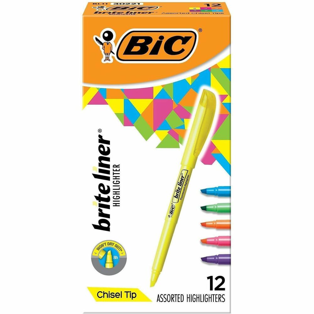 BICBL11AST - Whether you're organizing notes or underlining passages in a textbook, Brite Liner Highlighters make highlighting fun and easy. These highlighters come in five highly visible, fluorescent colors, allowing you to easily color-code and emphasize information. The box contains mostly yellow highlighters. Each highlighter has a versatile, firm chisel tip that allows you to seamlessly switch between broad highlighting and precise underlining. Brite Liner Highlighters can be left uncapped for up to 8 hours without drying out. With their convenient pen-shaped design, these fluorescent highlighters are easy to grip and use.