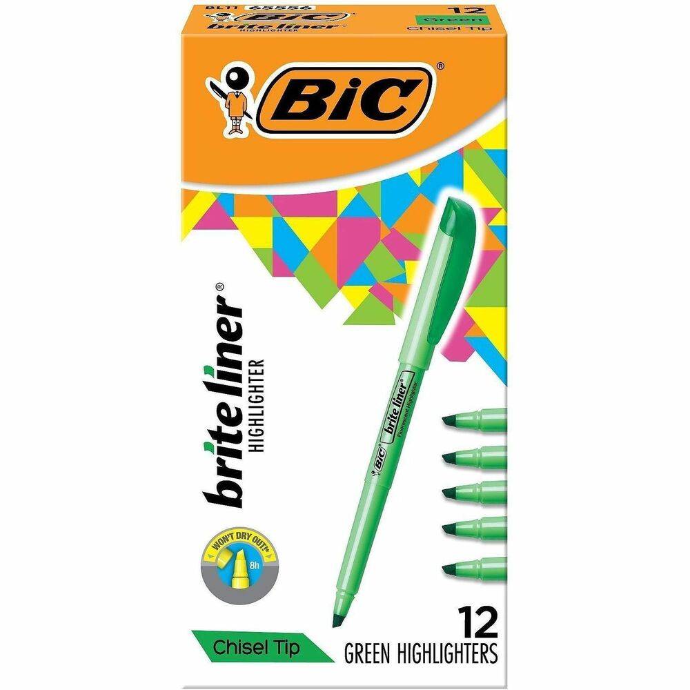 BICBL11GN - Whether you're organizing notes or underlining passages in a textbook, Brite Liner Highlighters make highlighting fun and easy. These highlighters come in five highly visible, fluorescent colors, allowing you to easily color-code and emphasize information. Each highlighter has a versatile, firm chisel tip that allows you to seamlessly switch between broad highlighting and precise underlining. Brite Liner Highlighters can be left uncapped for up to 8 hours without drying out. With their convenient pen-shaped design, these fluorescent highlighters are easy to grip and use.