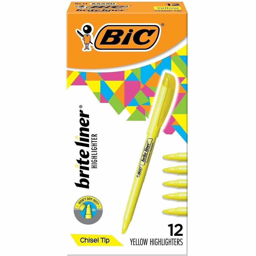 BICBL11YW - Whether you're organizing notes or underlining passages in a textbook, Brite Liner Highlighters make highlighting fun and easy. These highlighters come in five highly visible, fluorescent colors, allowing you to easily color-code and emphasize information. Each highlighter has a versatile, firm chisel tip that allows you to seamlessly switch between broad highlighting and precise underlining. Brite Liner Highlighters can be left uncapped for up to 8 hours without drying out. With their convenient pen-shaped design, these fluorescent highlighters are easy to grip and use.