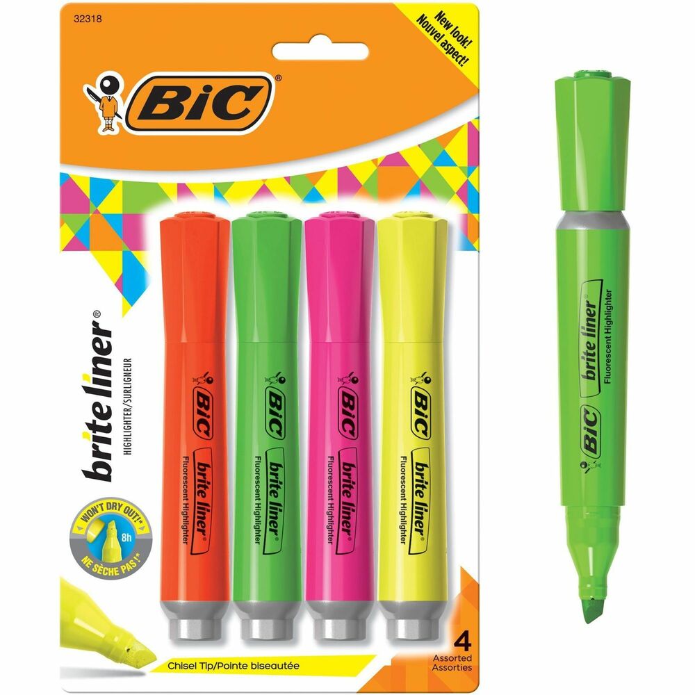 BICBLMGP41ASST - Whether you're organizing notes or underlining passages in a textbook, Brite Liner Highlighters make highlighting a breeze. These tank-style highlighters deliver super-bright fluorescent ink to help emphasize the important parts of documents, books and notes. Each highlighter creates marks that stand out on the page. Chisel tip allows smooth transitioning between precise underlines and broad coverage sweeps. Built with heavy use in mind, each ACMI-approved, nontoxic highlighter contains a large supply of ink and won't dry out for up to 8 hours If left uncapped. Brite Liner Highlighters make highlighting fun and are great for use at home, school or office. More from the Manufacturer
