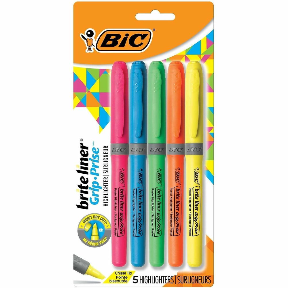 BICGBLP51ASST - Whether you're organizing notes or underlining passages in a textbook, Brite Liner Grip Highlighters make highlighting fun and easy. These ACMI-approved highlighters feature a textured rubber grip for comfort and super-bright fluorescent ink for emphasizing information. Each highlighter has a versatile, firm chisel tip that allows you to seamlessly transition from broad highlighting to precise underlining. Brite Liner Grip Highlighters are nontoxic and can be left uncapped for up to 8 hours without drying out. This pack contains five assorted highlighters with pocket clips that make them easy to bring everywhere. More from the Manufacturer