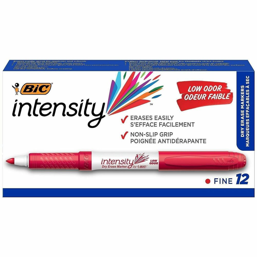 BICGDE11RD - Intensity Bold Dry-Erase Marker is perfect for use on dry-erase boards, glass and most nonporous surfaces. Modern barrel design offers a rubberized grip for comfort and control. Durable fine point is great for detailed writing that erases easily. Smooth ink flow produces bright, vivid colors. Low-odor, nontoxic ink easily erases with a dry cloth, tissue or felt eraser.