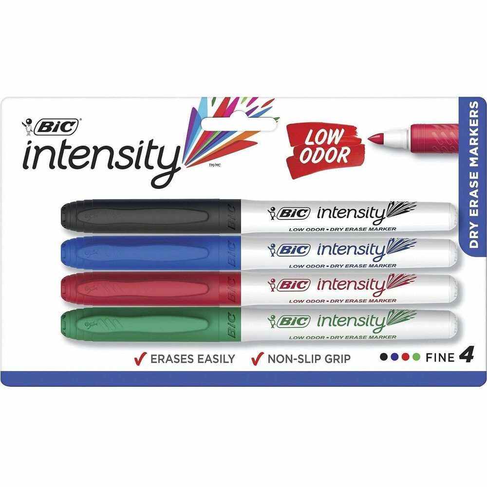 BICGDEP41ASST - Intensity Bold Dry-Erase Marker is perfect for use on dry-erase boards, glass and most nonporous surfaces. Modern barrel design offers a rubberized grip for comfort and control. Durable fine point is great for detailed writing that erases easily. Smooth ink flow produces bright, vivid colors. Low-odor, nontoxic ink easily erases with a dry cloth, tissue or felt eraser.