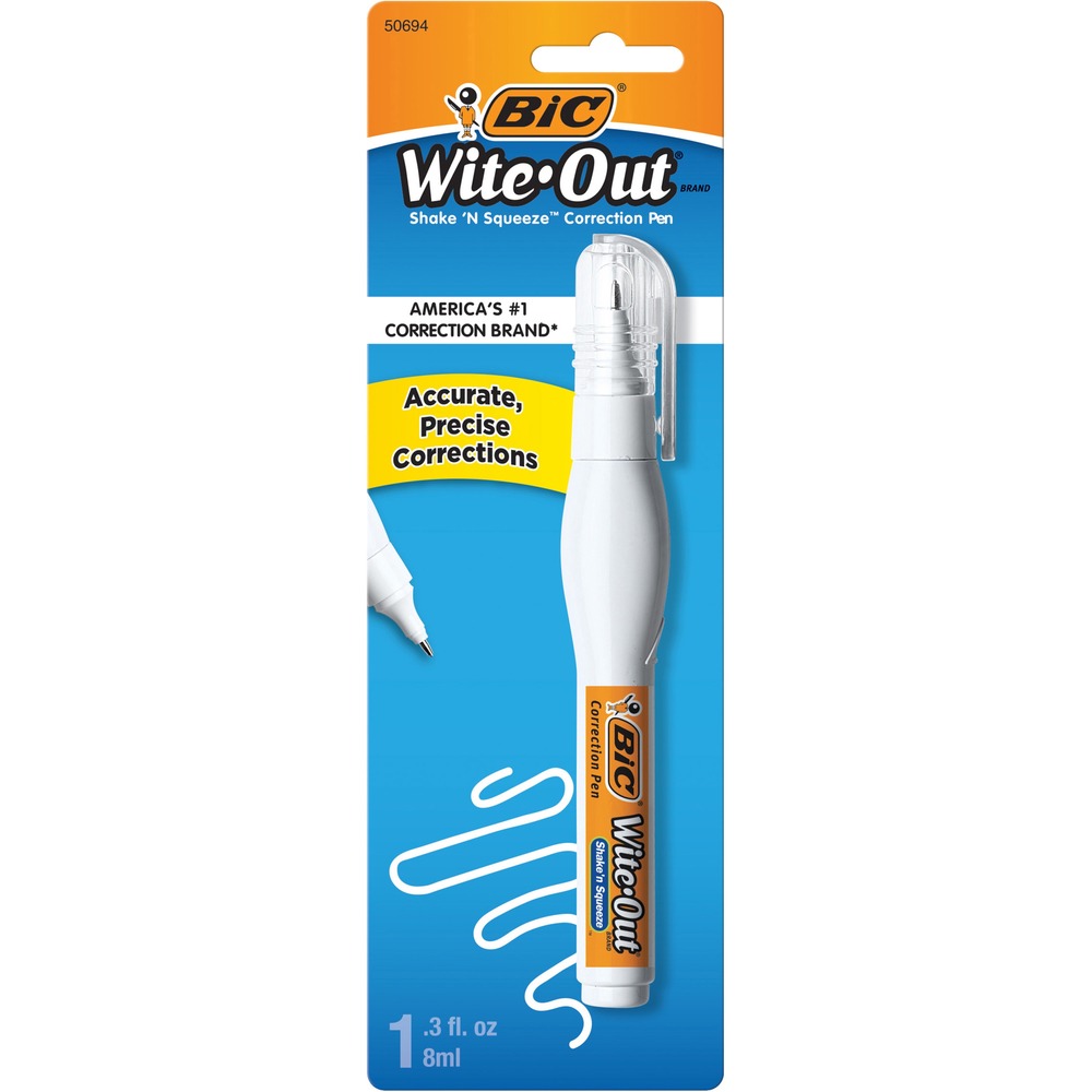 BICWOSQPP11 - Needlepoint tip of this Shake 'N Squeeze Correction Pen provides increased precision and neatness. The soft, squeezable body corrects with less effort and more control. Simply shake and squeeze. All-purpose correction fluid dries fast and provides premium coverage with a smooth finish. The cap clip easily attaches to notebooks and binders.