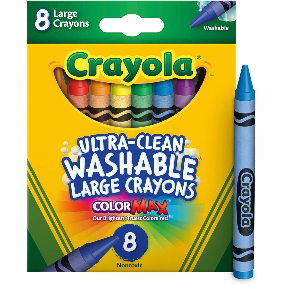 CYO523280 - Ultra Clean Washable Large Crayons are specially formulated to easily wash off most surfaces, including skin, clothing, tabletops and even painted walls. If your child ventures off the paper, you can quickly clean it up with a sponge and warm water. Great for small children just learning to color and draw, these larger crayons are especially easy to use. They are designed to go on smoother for easier laydown, delivering bright colors and making coloring more enjoyable for young children. The pointed crayon tip makes it easier for children to write and draw with accuracy and have more control when writing numbers or letters. Nontoxic crayons are recommended for children ages 4 and older.