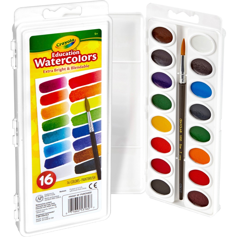 CYO530160 - Designed for educational use, these watercolors deliver vibrant color for classroom creations. Oval pans hold the semi-moist paints. White lid of the plastic case offers a convenient area to mix colors before applying them with the included Taklon brush.