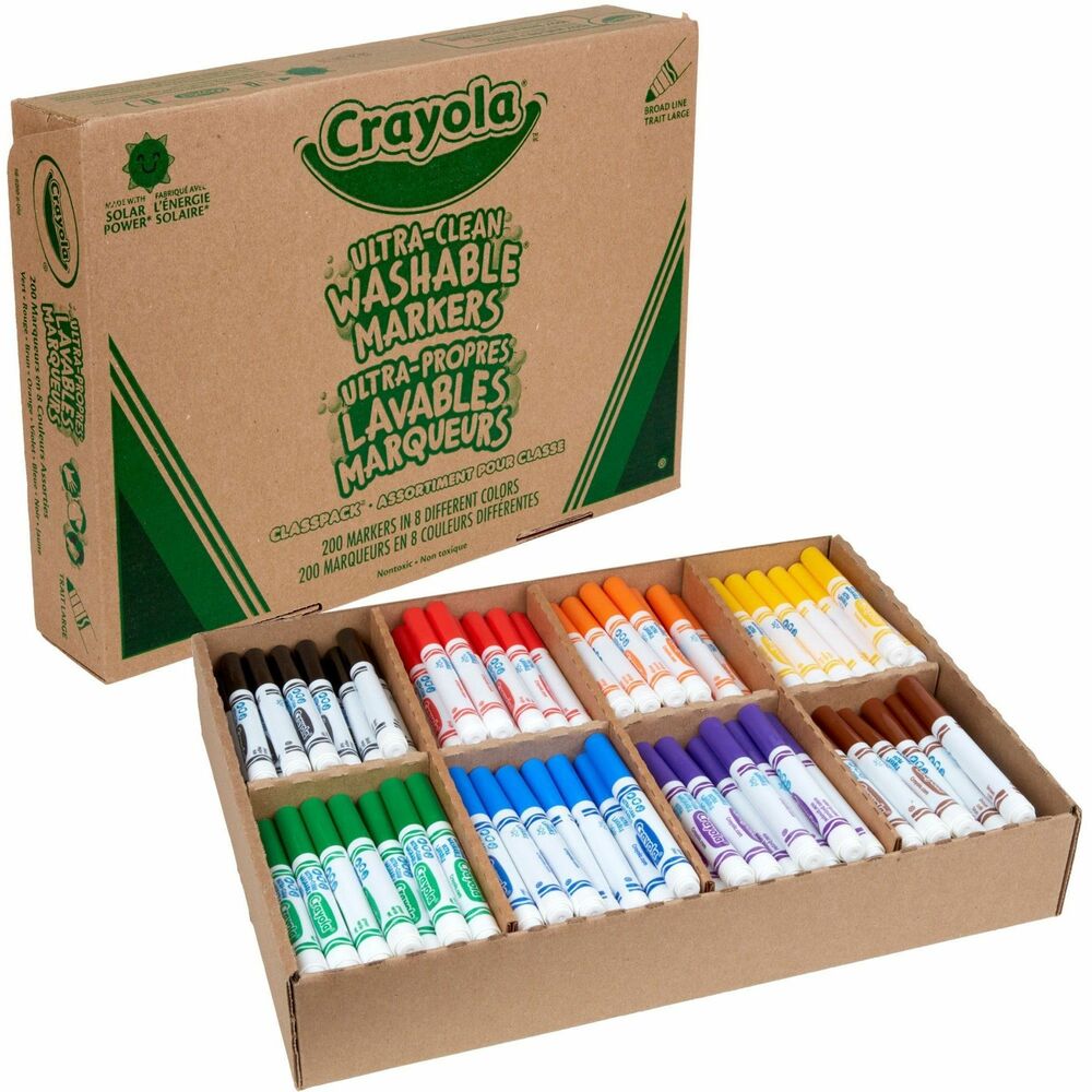 CYO588200 - This Classpack of Crayola Markers makes it economical and convenient to provide students with all the markers they need. Classic, long-lasting, durable markers lay down brilliant color. Water-based ink doesn't bleed through most paper and can be revived within seconds in warm water if caps are left off. Durable nibs are safely secured in barrels. Versatile 5" x 5/8" markers with conical tips write at any angle. Extended caps offer safety and identify the color of the ink. Markers are certified AP nontoxic and conform to ASTM D-4236. Classpack includes 25 each of red, orange, yellow, green, blue, purple, brown and black. Plus six reusable desktop plastic bins for easy distribution and storage. Additional replacement marker caps are included.