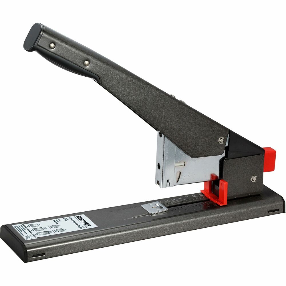 BOS00540 - Extra heavy-duty stapler features durable, all-metal construction for superior, heavy-duty stapling performance. No-Jam technology ensures smooth, jam-free operation while nonskid rubber feet provide stability and desktop protection during use. Adjustable paper stop ensures consistently professional staple placement. Antimicrobial protection reduces the growth of bacteria. Stapler fastens up to 215 sheets of paper at a time. It uses Bostitch SB35 Series Premium Heavy-duty Staples in 1/4" , 3/8" , 1/2" , 5/8" and 15/16" sizes. Rear-loading pusher system allows simple staple refill. More from the Manufacturer