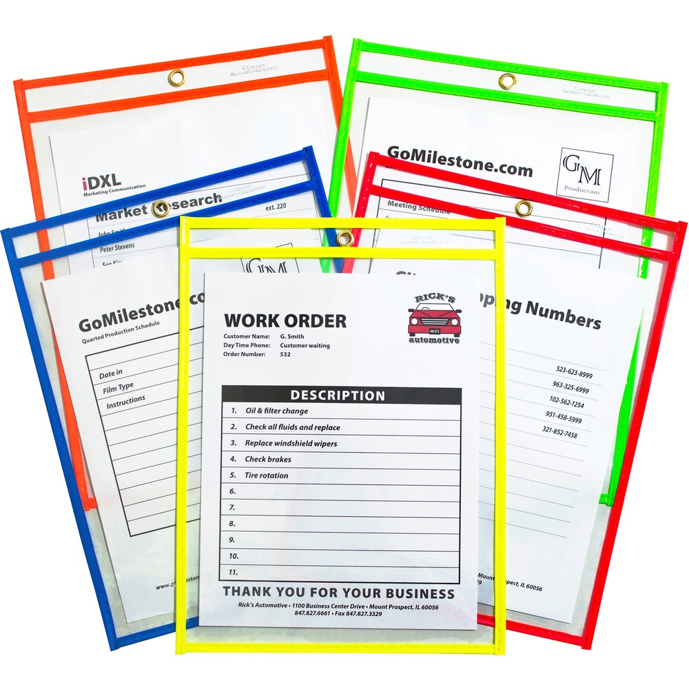 CLI43910 - Stitched Shop Ticket Holders are made of heavy-duty clear vinyl pockets with stitched, reinforced neon color edging to make special jobs stand out. Design makes contents easy to identify with clear sides and metal eyelet at top for hanging. Insert size is 9" x 12". Stitched seams ensure long-lasting utility. Color-coded edging is ideal for organizing work by department, day of week or importance.
