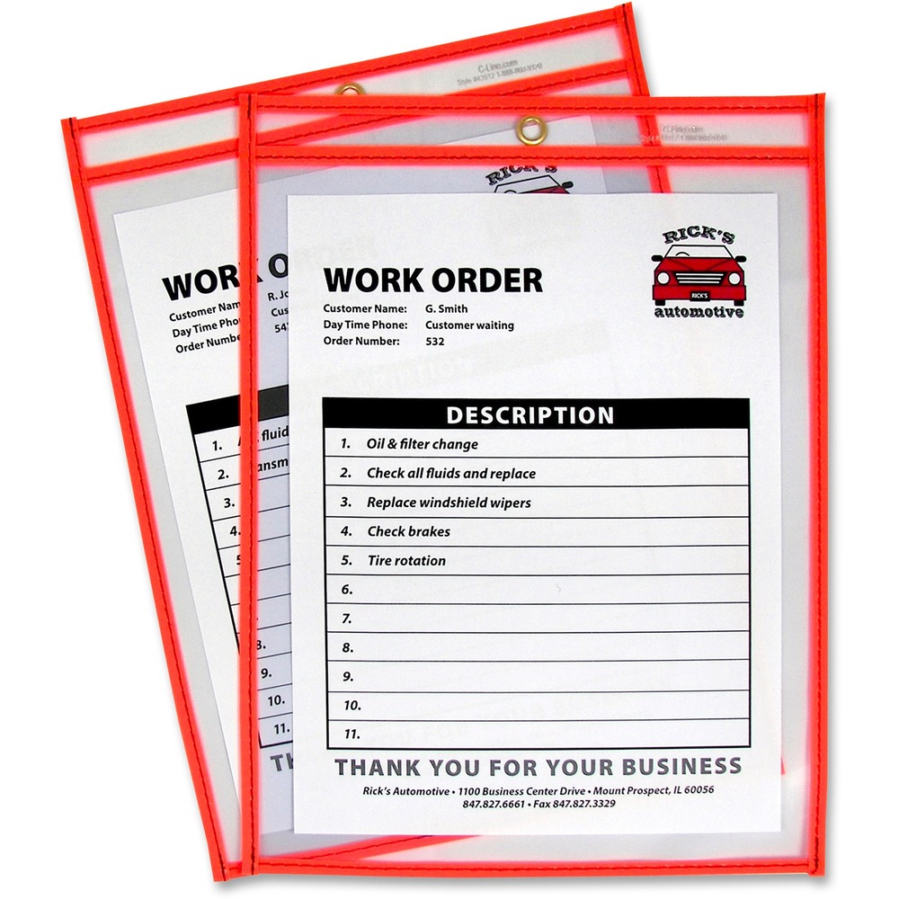 CLI43912 - Stitched Shop Ticket Holders are made of heavy-duty clear vinyl pockets with stitched, reinforced neon color edging to make special jobs stand out. Design makes contents easy to identify with clear sides and metal eyelet at top for hanging. Insert size is 9" x 12". Stitched seams ensure long-lasting utility. Color-coded edging is ideal for organizing work by department, day of week or importance.