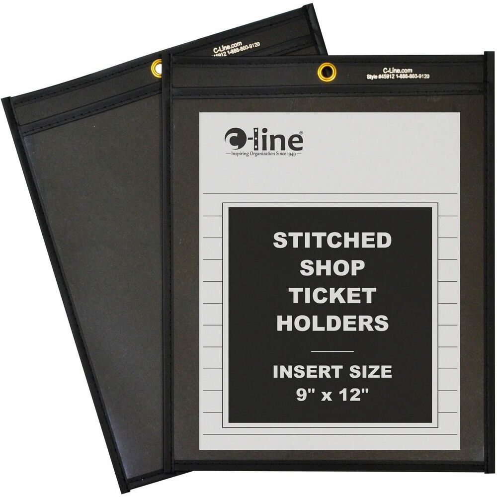 CLI45912 - Store and protect work orders, production schedules, inventory cards and more in these stitched shop ticket holders. Strong, rigid, clear vinyl allows easy visibility of your documents. Convenient eyelet at top is perfect for hanging the ticket holders up for easy access. Reinforced stitched edge prolongs product life. Top-loading ticket holders open on the long side and feature a clear front with a black, Pressboard back.