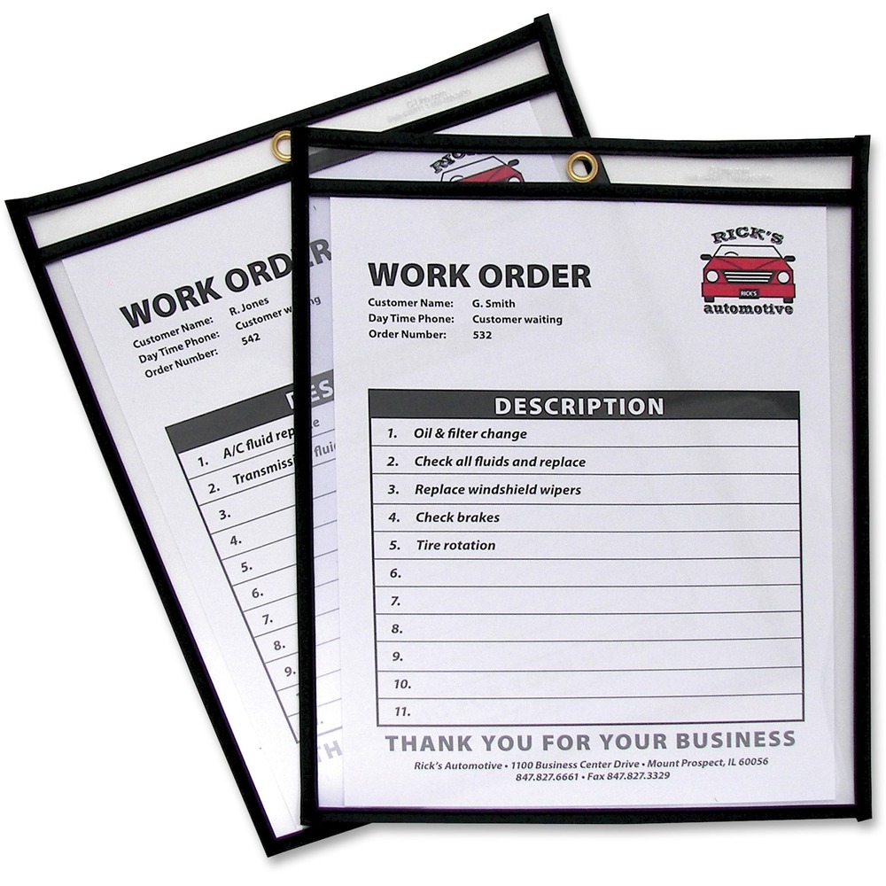 CLI46911 - Store and protect work orders, production schedules, inventory cards and more in these stitched, shop ticket holders. Strong, rigid, clear vinyl allows easy visibility of documents. Convenient eyelet at top allows hanging. Reinforced stitched edge delivers longer product life. Both sides are clear. Holders open on short side.