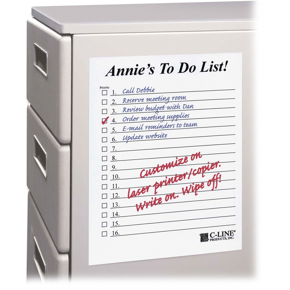 CLI57911 - Turn any surface into a dry-erase board with Self-stick Dry-erase Sheets. Create custom in/out boards, calendars, charts, project sheets, to-do lists and more with your black/white laser printer or copier. Simply peel off backing and apply to clean surface including walls, doors, chalkboards and more. Dry-erase sheets are removable and repositionable.