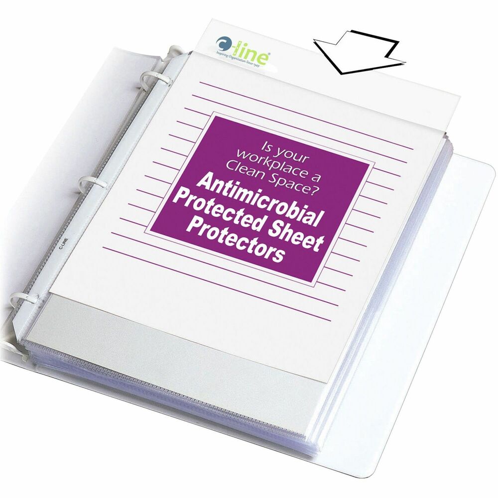 CLI62033 - Heavyweight sheet protectors feature built-in antimicrobial protection that prevents the growth of bacteria, yeasts, molds, and fungi for the life of the sheet protector. This antimicrobial technology is safe for humans and is EPA-registered and FDA-listed for water and food contact. Three-hole punched so no sheet punching is necessary for you to file documents in three-ring binders. Archival-quality polypropylene material will not lift print from inserts.