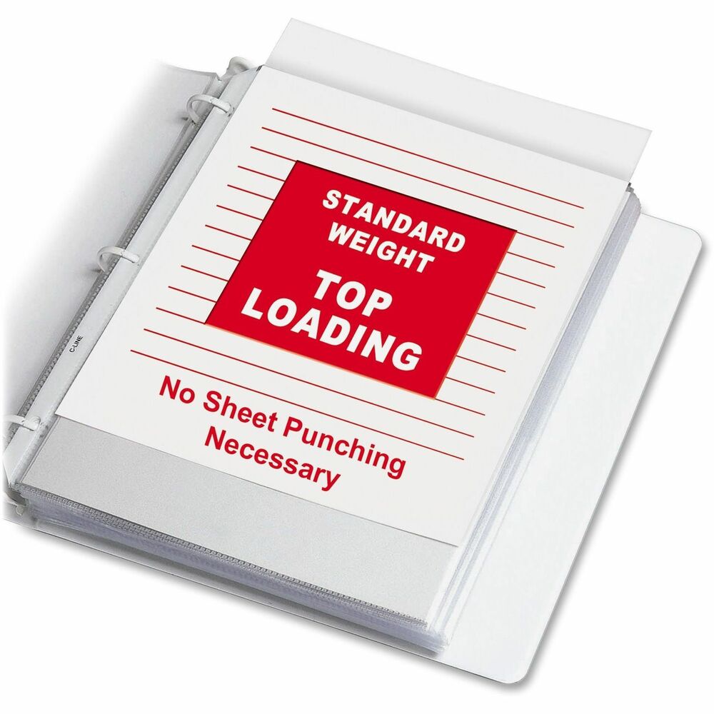 CLI62037 - Sheet protectors offer a top-loading design, being sealed on three sides. No punching of sheets is necessary. Load the sheet while the protector remains in the binder. Sheet protectors fit standard three-ring binders. Polypropylene material offers safe, archival quality, no photocopy-transfer protection. Strong, reinforced binding edge prevents tears with heavy use.
