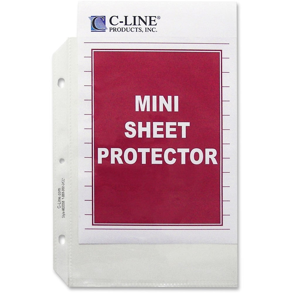 CLI62058 - Mini-size sheet protectors feature a top-loading design that eliminates the need for hole punching. Heavyweight protectors are perfect for storing in three-ring binders. Archival-quality polypropylene means print won't stick to sheet protectors. Strong, reinforced binding edge prevents tears, even with heavy use.