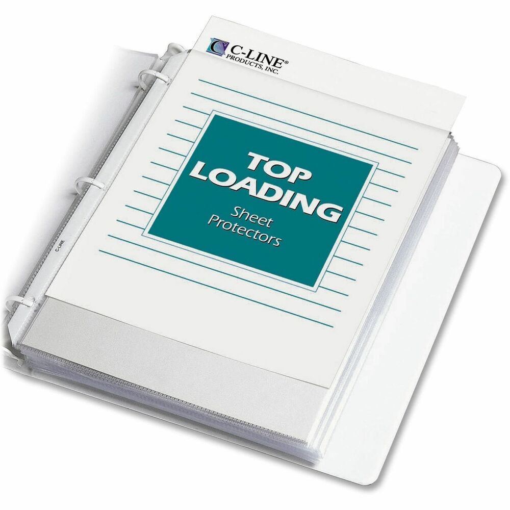 CLI62067 - Sheet protectors offer a top-loading design, being sealed on three sides. No punching of sheets is necessary. Load the sheet while the protector remains in the binder. Sheet protectors fit standard three-ring binders. Polypropylene material offers safe, archival quality, no photocopy-transfer protection. Strong, reinforced binding edge prevents tears with heavy use.