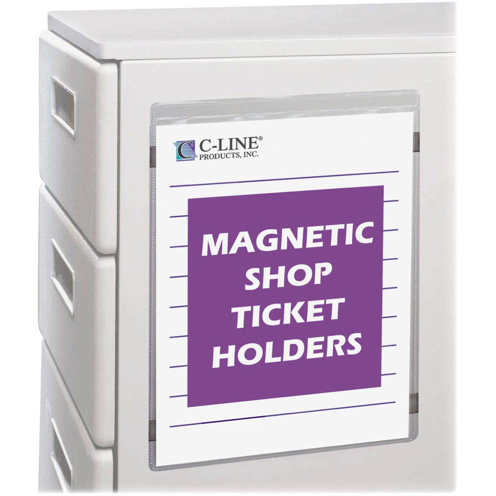 CLI83912 - Place these vinyl shop-ticket holders on any metal surface and keep job tickets at your fingertips. Perfect for attaching to machinery, file cabinets, racking and more. Shop ticket holders feature a magnetic backing to attach to metal surfaces. Welded, nonrip seams deliver added durability.