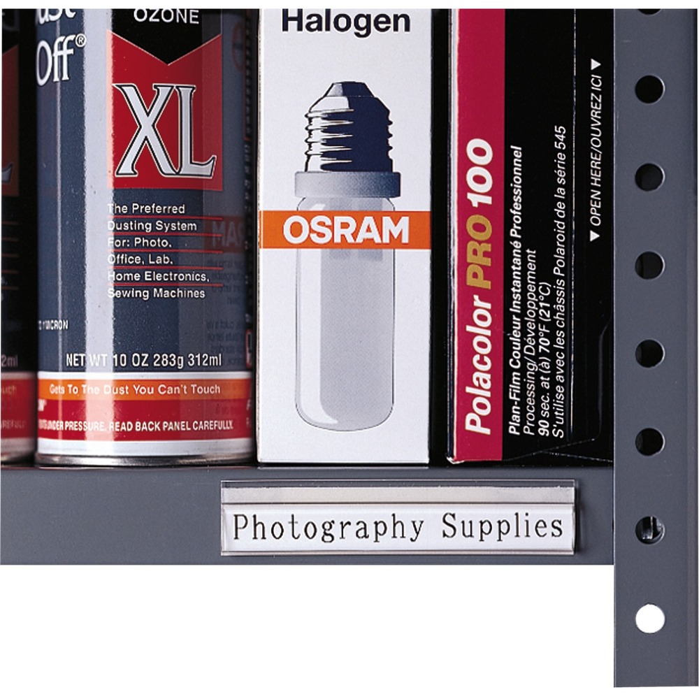 CLI87447 - Durable clear strip of plastic firmly holds label for easy application with peel-and-stick adhesive on the back. Shelf labeling strips include write-on strips.