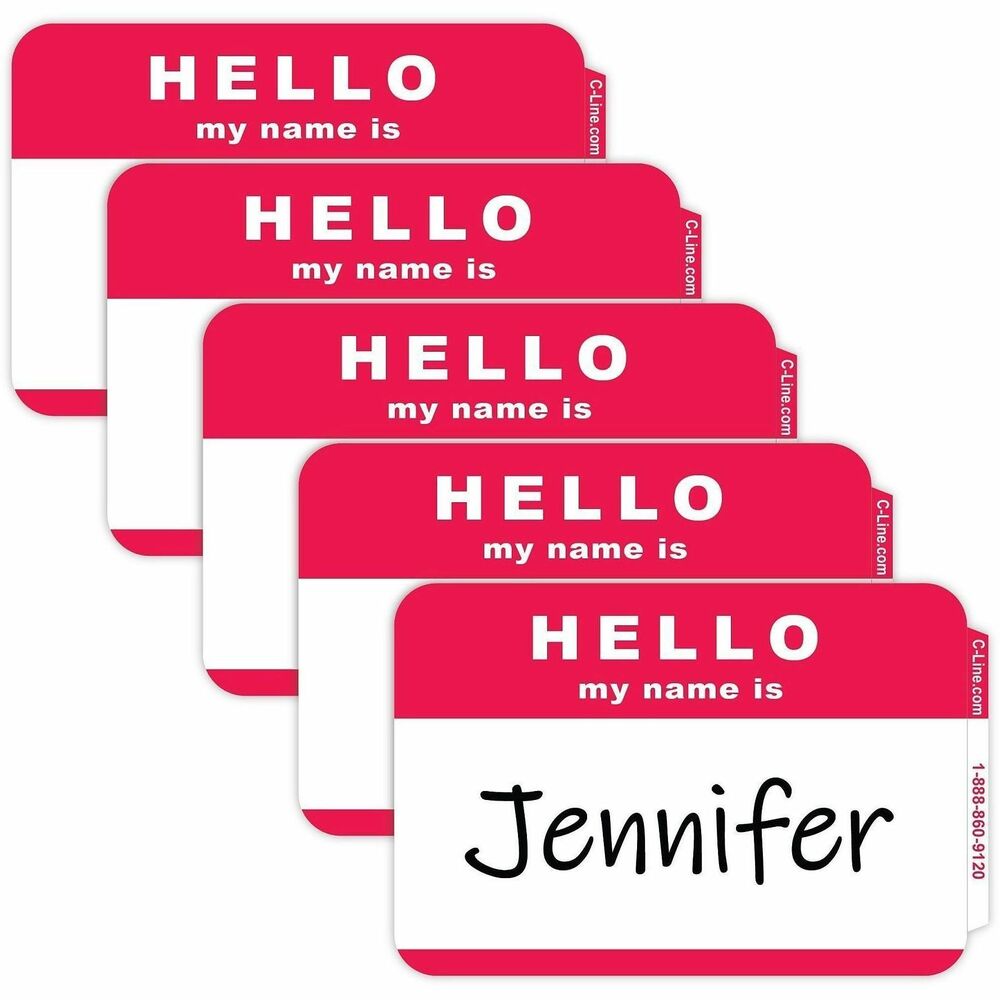 CLI92234 - Pressure-sensitive name badges are ideal for small meetings, seminars and conferences. Unique tabbed edge makes it easy to peel off backing. The top, vibrantly colored border prompts "HELLO my name is" in white. Each badge offers a large space to write a name below that prompt and above the bottom border. Special paper adheres to most fabrics. Do not apply to vinyl, leather, suede, corduroy or silk.