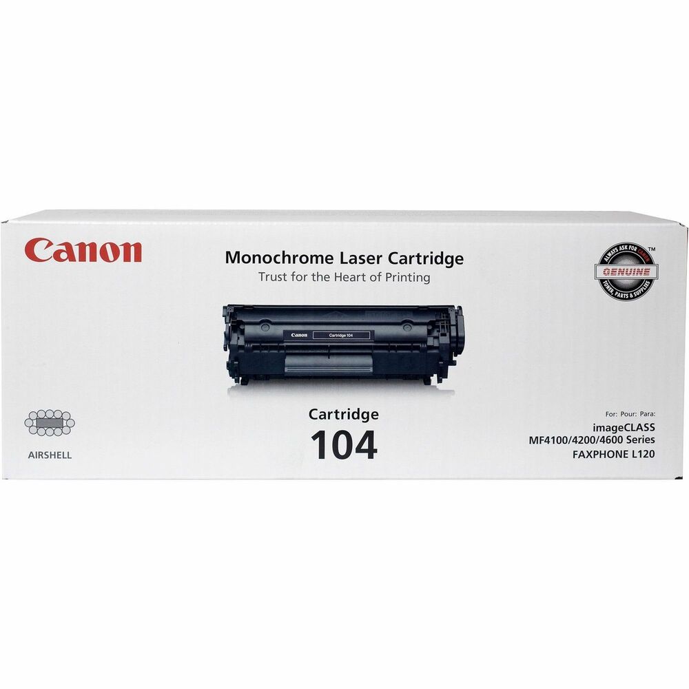 CNMCARTRIDGE104 - Toner cartridge produces high-quality and long-lasting prints for results that are sure to impress. Airshell protection ensures your cartridge is safely protected until it's opened to ensure consistent performance. Easy-to-use design makes replacing depleted cartridges quick and simple for immediate use. Toner cartridge is designed for use with Canon Faxphone L120, L90; imageClass D420, D480, MF4150, MF4270dn, MF4350d, MF4370dn, MF4380dn and MF4690 Copier. Cartridge yields approximately 2,000 pages.