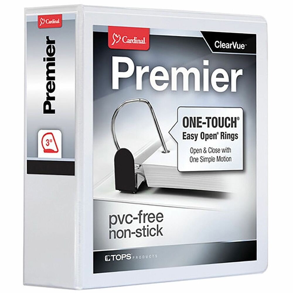 CRD10330 - Premier Binder features ONE-TOUCH Easy Open Slant-D rings for a no-pinch upgrade for work, home or school. Ergonomic triggers open, close and lock with a simple motion. ClearVue covers let you customize all three sides. Nonstick, PVC-free poly won't lift ink and toner. Your pages and binders will always look their best. Four clear, organization-friendly pockets hold unpunched and loose documents. 3" capacity holds 650 sheets. Back-mounted steel rings reduce wear and let pages lie flat. Xtra Life hinges are made to last, resist tears and rips, strong and secure. Design also includes exposed rivets and a sturdy chipboard core. More from the Manufacturer