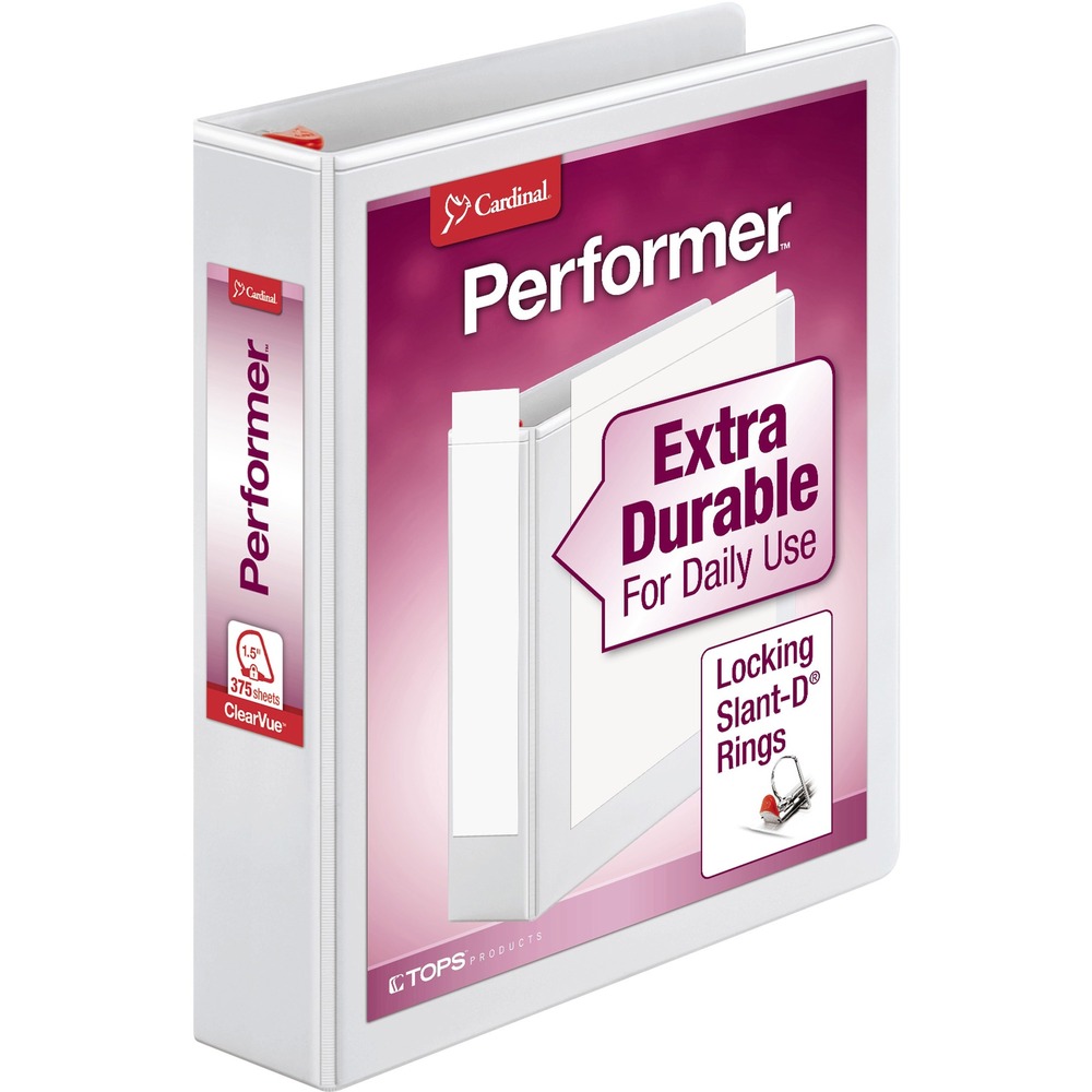 CRD19020 - Create custom binder covers and spine with the XtraValue locking ClearVue presentation binders. Clear, nonglare overlays allow customization on all three sides. Unique Slant-D ring design holds up to 25 percent more paper than conventional round-ring binders. Locking rings with comfortable GelTab triggers secure papers and prevent accidental spillage. Back-mounted steel rings provide a clean professional spine and reduce wear. 1-1/2" expansion holds approximately 375 sheets. Slip loose documents into horizontal pockets inside front and back covers. Each pocket holds 40 sheets. Letter-size view binder also features exposed rivets and a sturdy chipboard core.